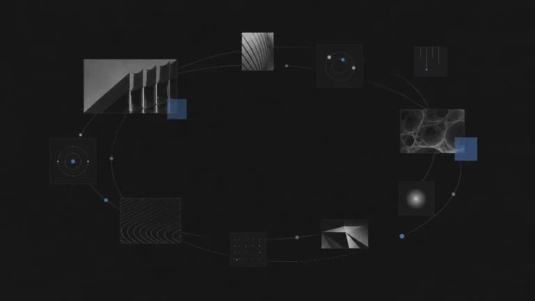 Abstract orbit of curated visual references around a workspace